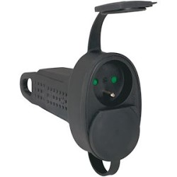 Fiche multiprise caoutchouc avec terre 2 sorties frontales - noir avec volet