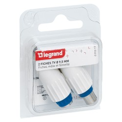 Fiches télévision coaxiales normalisées 1 mâle et 1 femelle D9,52mm