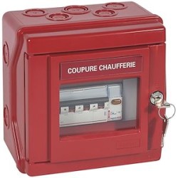 Coffret de sécurité Plexo chaufferie IP55 IK07 équipé d'1 disj. 4P + 1 voyant