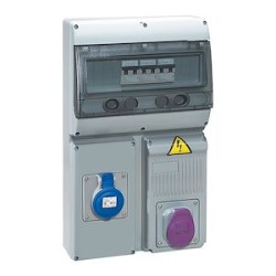 Coffret 2 prises P17 IP44 - prise 2P + prise 2P+T 16A,+ disj. + transformateur